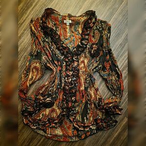 Agora Beaded Top Sz M Ruffled Trim Crinkle Paisley Print Whimsigoth Fairy Y2K